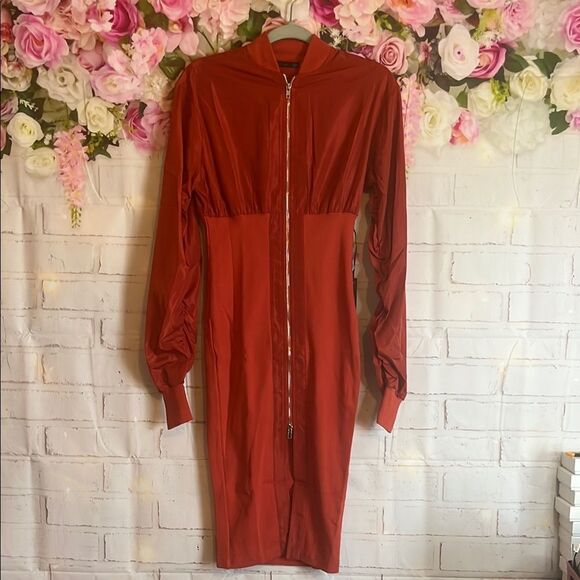 Mad for Love Long Sleeve Double Zipper Pencil Dress in the color Rust size Small - Picture 1 of 13